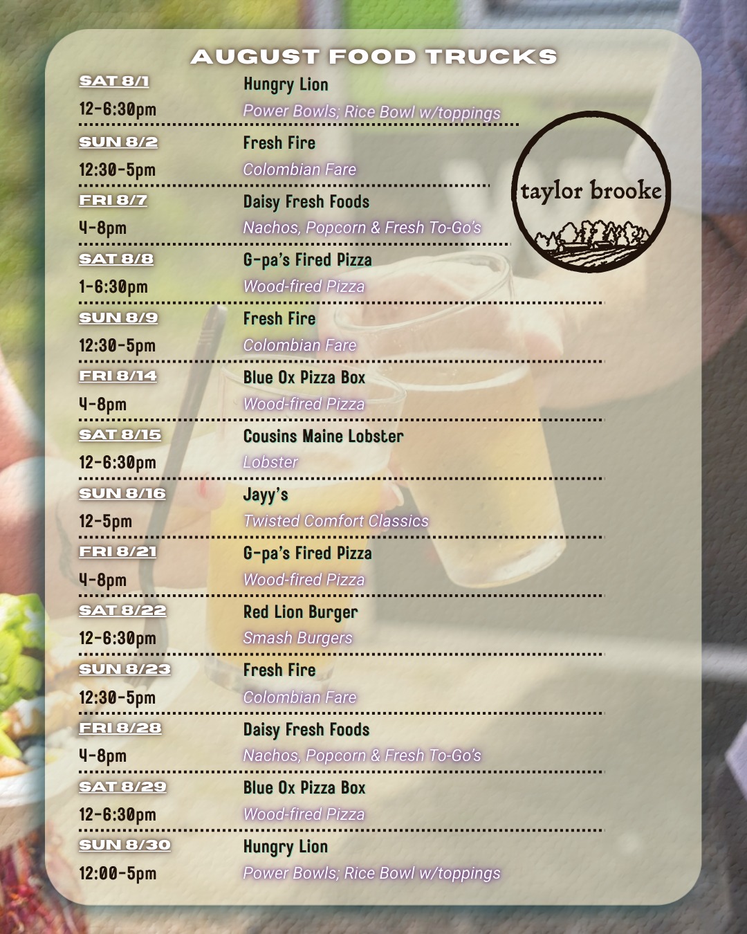 🍴 Food Trucks in August 🍴
Schedules are subject to change, keep up-to-date with our website Events Calendar.
🔗 Visit Our Website: www.taylorbrookewinery.com/events/
#taylorbrookebrewery #ctbeer #taylorbrookewinery #ctwine #foodtrailer #taylorbrookeexperience #quietcornerct #woodstockct #discoverputnam #discovercentralmass #connecticutfoodie #rhodyeats #westchesternyeats #bostonbloggers #igworcesterma #springfieldma