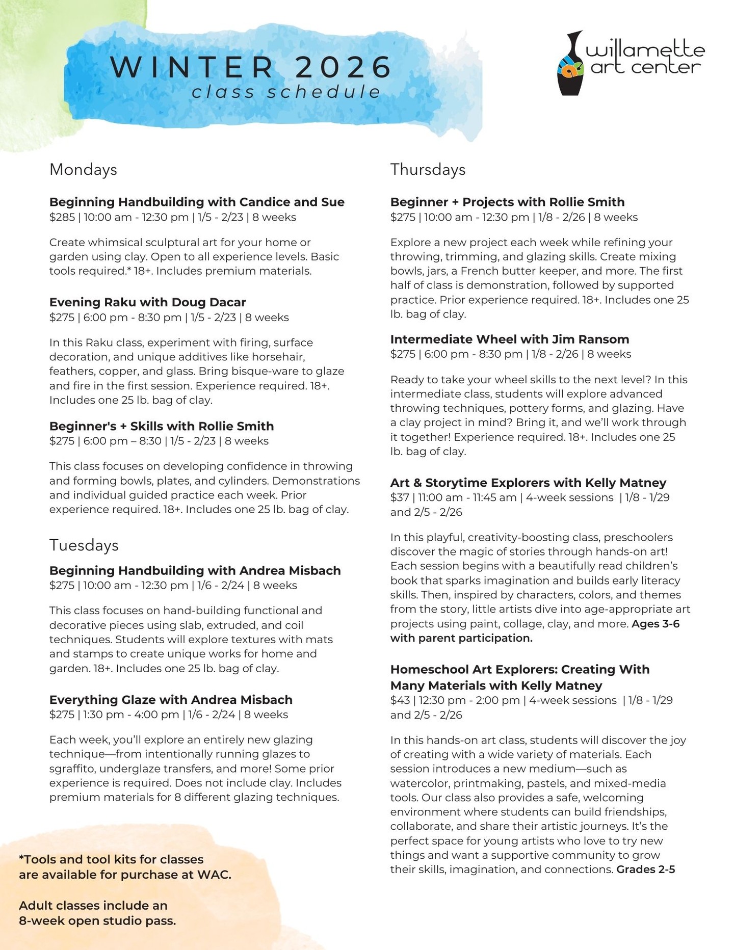 Our 2026 Winter Session schedule is here! Registration to open Dec. 18. Link to the announcement in our profile. #willametteartcenter #ceramics #pottery #makeart #learn #artstudio