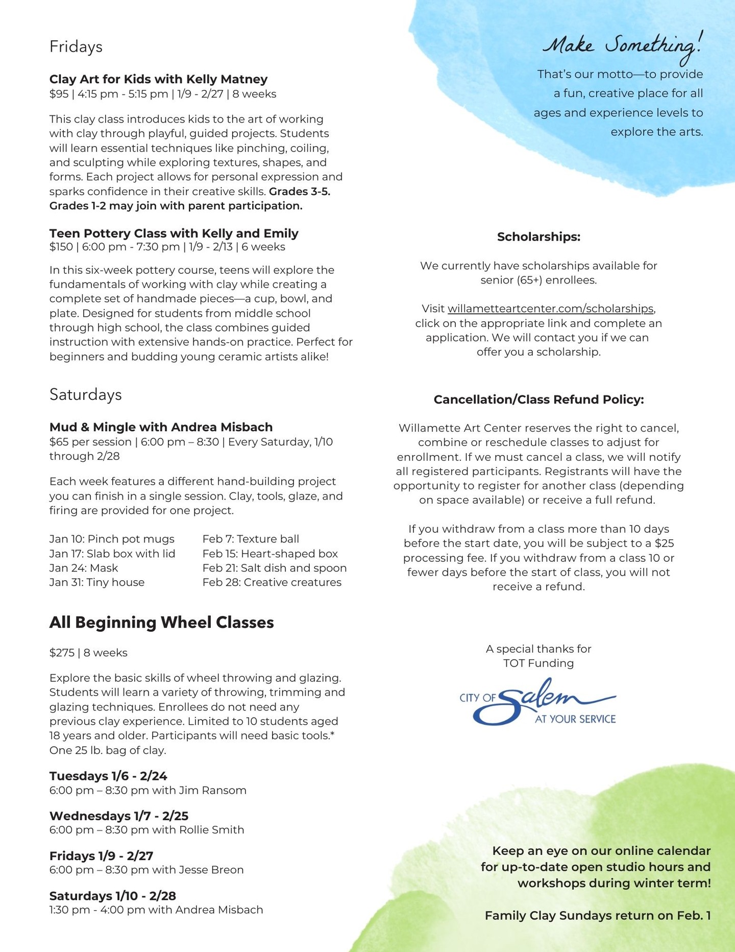 Our 2026 Winter Session schedule is here! Registration to open Dec. 18. Link to the announcement in our profile. #willametteartcenter #ceramics #pottery #makeart #learn #artstudio