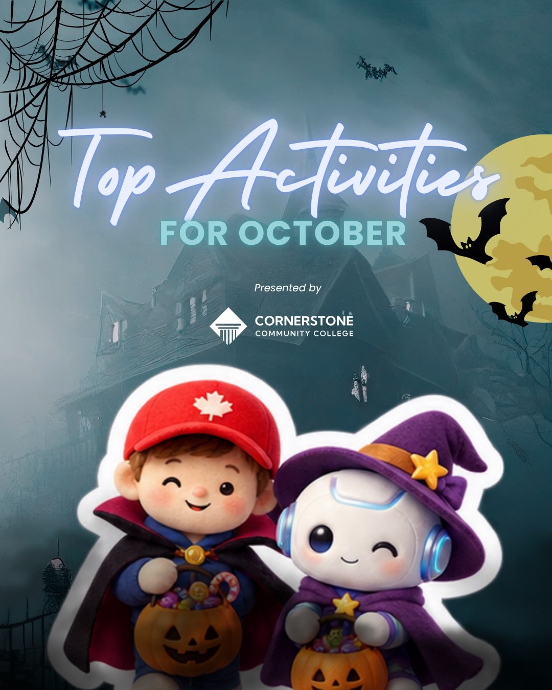 Instagram post: October is getting a little spooky at Cornerstone. 🎃👻
From creative Craft Nights to spooky frights, we’ve got plenty of ways to make the most of the Halloween season with your Cornerstone community. 🕸️🖤
Swipe to see what’s happening this October and come join the fun! 🎃
#cornerstonecommunity #halloweenatcornerstone #studentlife #vancouverstudents #octobervibes